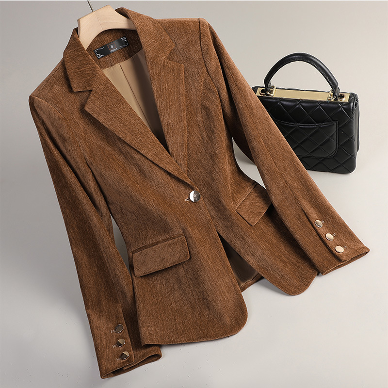 Women Formal Wear Blazers - Yellow Gold Velvet Blazer Women Autumn