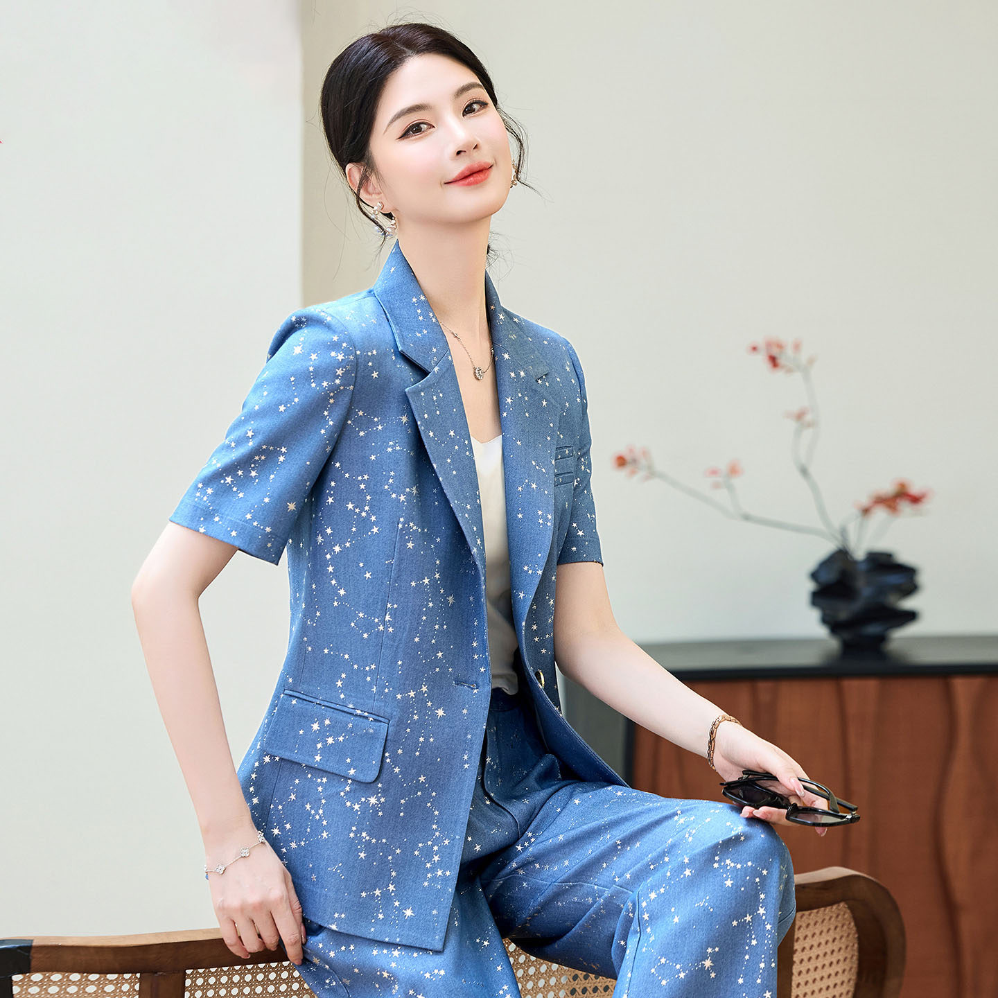 Women Formal Wear Blazers - Fashion Blue Yellow Short Sleeve Professional